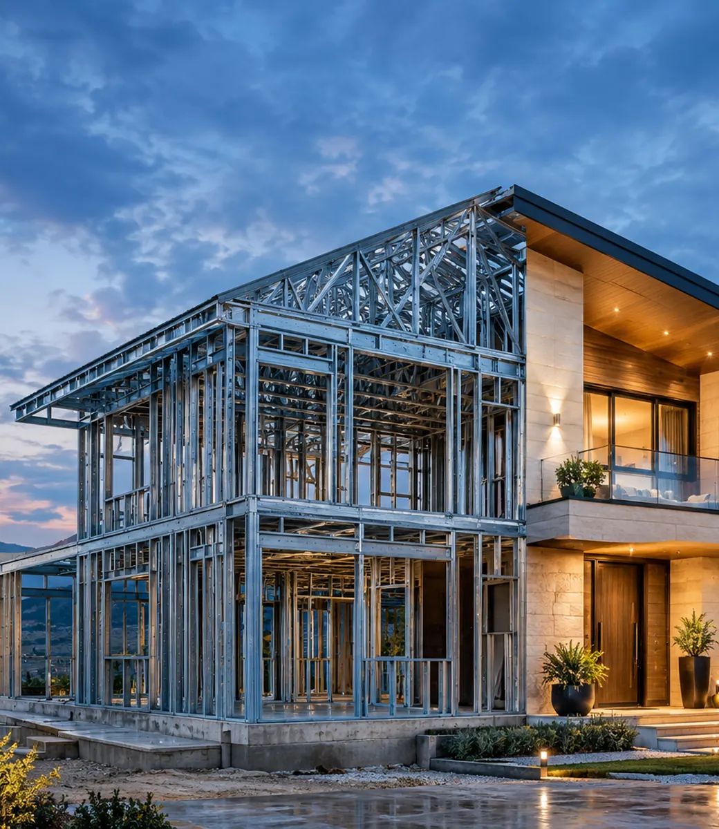 LSF galvanized steel framing contrasted with finished building